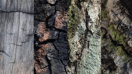 Close-up of Tree Bark Transformation Showing Four Stages from Smooth to Moss-Covered Weathered Texture