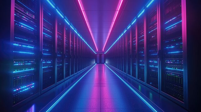 Modern server room interior with mirrored neon pink and blue lighting, sleek symmetric rows of glowing racks, ideal for digital tech campaigns, cloud services, and cybersecurity themes