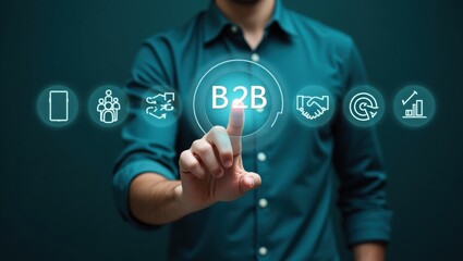 A person touches a digital interface showcasing business-to-business concepts.