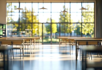 Empty school cafeteria with large windows