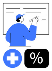 Man writing on a whiteboard with a marker, wearing a blue cap. Below, percentage and medical plus icons. Ideal for education, healthcare, planning, analysis calculation teaching strategy. Flat