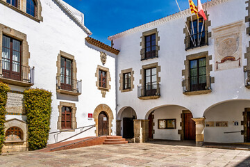 ARENYS DE MAR,SPAIN-MAY 22,2025: Facade City Hall, Ajuntament or Casa Consistorial of catalan...