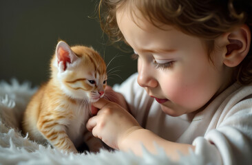 Child petting kitten. Girl bonding with small cat. Love and care moment.