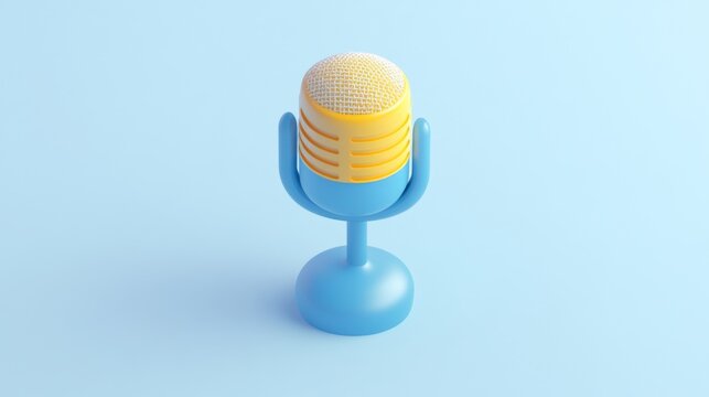 3D isometric icon of a microphone in yellow and blue on a white background