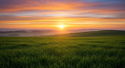 Sunset Over Green Field