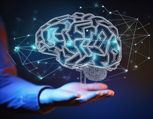 Künstliche Intelligenz als digitales Gehirn – vernetzt mit Symbolen für verschiedene Sektoren – über einer Hand in einer symbolischen Darstellung von Kontrolle und Innovation.
