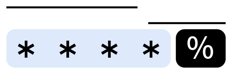 Secure password input field with asterisks displayed in a blue box and percentage sign indicating data validation. Ideal for online security, authentication, privacy, encryption, technology