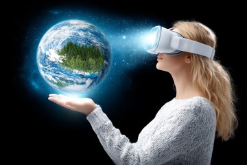 Woman Exploring Virtual Globe - A young woman uses VR technology to explore a representation of Earth, symbolizing technology, exploration, environment, innovation, and the future