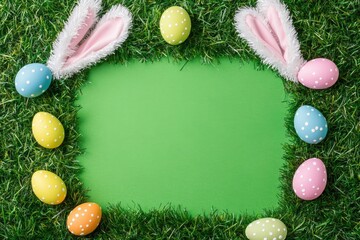 Easter eggs and bunny ears frame a blank green surface