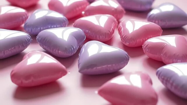 background of smooth shiny inflatable hearts in delicate marshmallow color with free space for text. design concept for wrapper, card, greeting card for happy valentine's day. generated by ai.