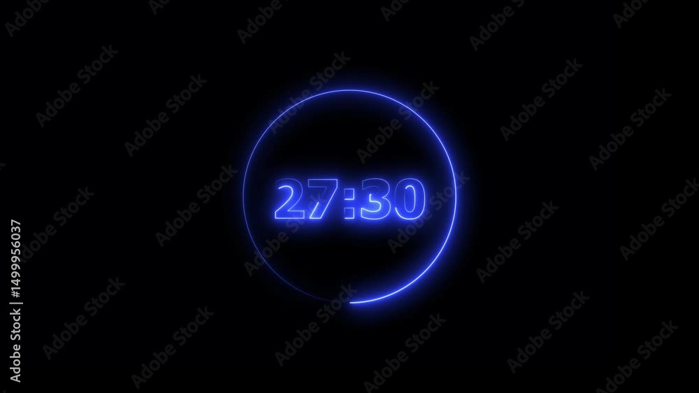Poster digital countdown timer neon bright blue color animation of 32 second on transparent on black backgr