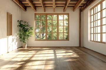 Rustic, sunlit room with large windows