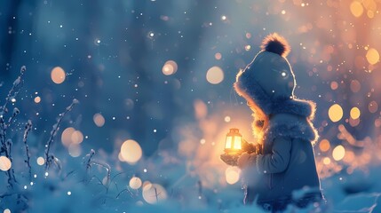Magical winter scene, A child with a lantern in a snowy forest.  Evokes wonder, hope, and the spirit of the holidays.