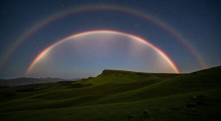 Obraz premium Double Rainbow Over Green Hills at Night