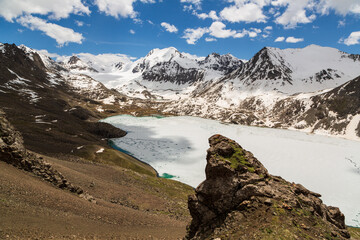 Panoramic view over the frozen lake Ala-Kul from the slope. Tien Shan. Kyrgyzstan