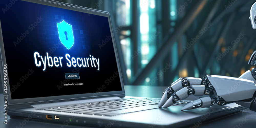 Poster cyber security system on computer screen protect private information brisk from hacker and cyber att