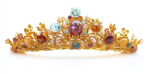 Gold tiara adorned with colorful gemstones