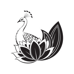 Black and White Peacock on Lotus Flower Line Art