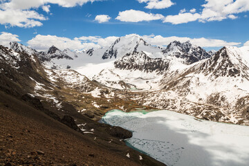 Aerial panoramic view over the frozen  lake Ala-Kul from mountain pass. Tien Shan. Kyrgyzstan