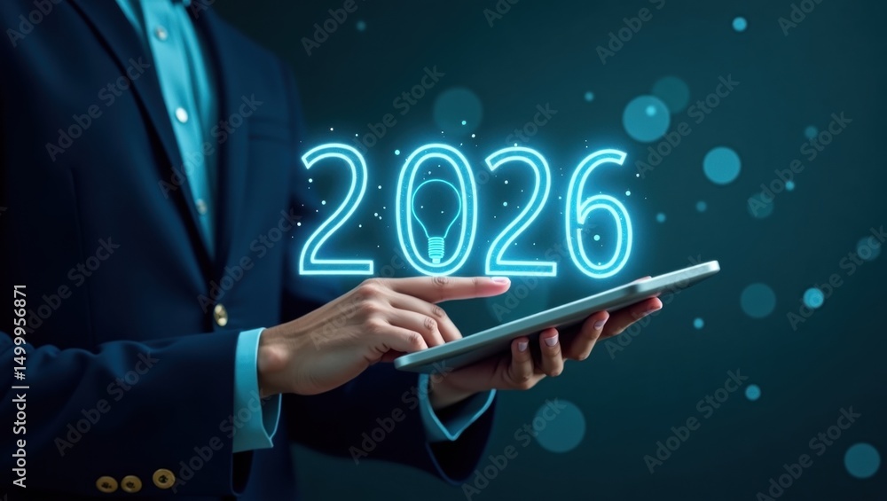Poster person using a tablet to view the year 2026 with an illuminated lightbulb graphic.