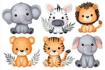 Adorable Safari Animals Illustration - Cute watercolor safari animals: elephant, zebra, lion, tiger, and lion cub. Symbolizing childhood, nature, wildlife, innocence, and friendship