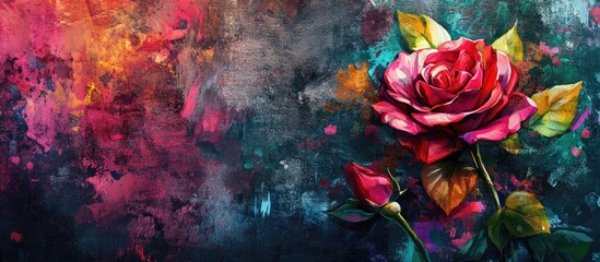 Vibrant rose against a textured, colorful backdrop