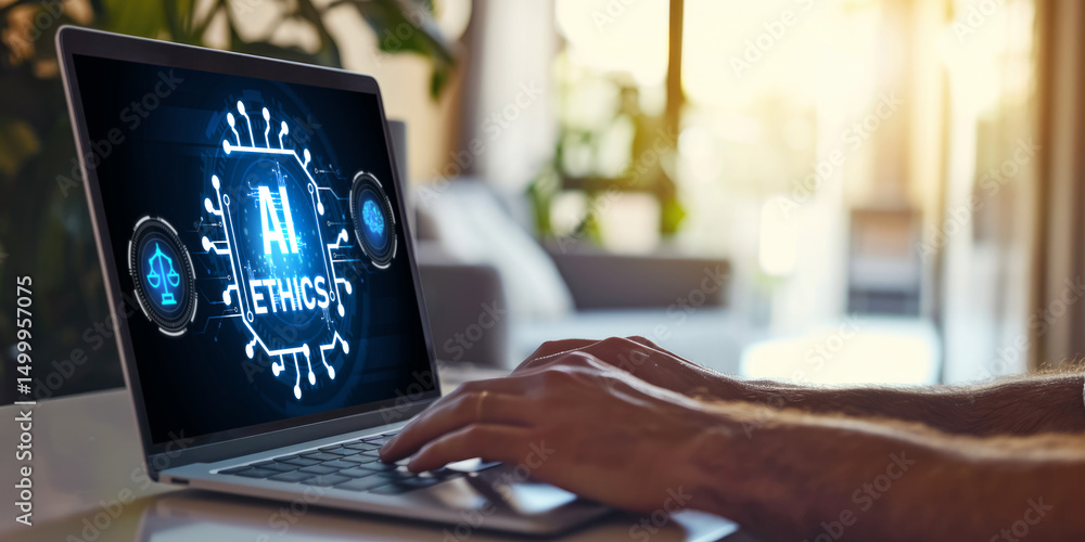 Poster ai ethics responsibility standard law and rules on computer screen provide report of ai ethic transp