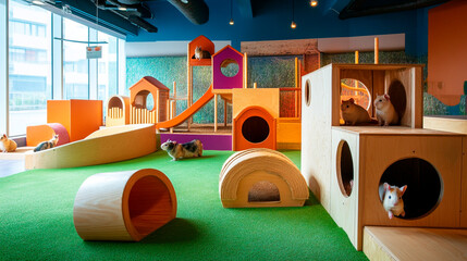 Guinea pigs in a colorful playground with tunnels and a slide in a bright and playful setting indoors