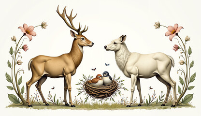 Fototapeta premium Female and male deer stand near a nest with chicks against the background of nature