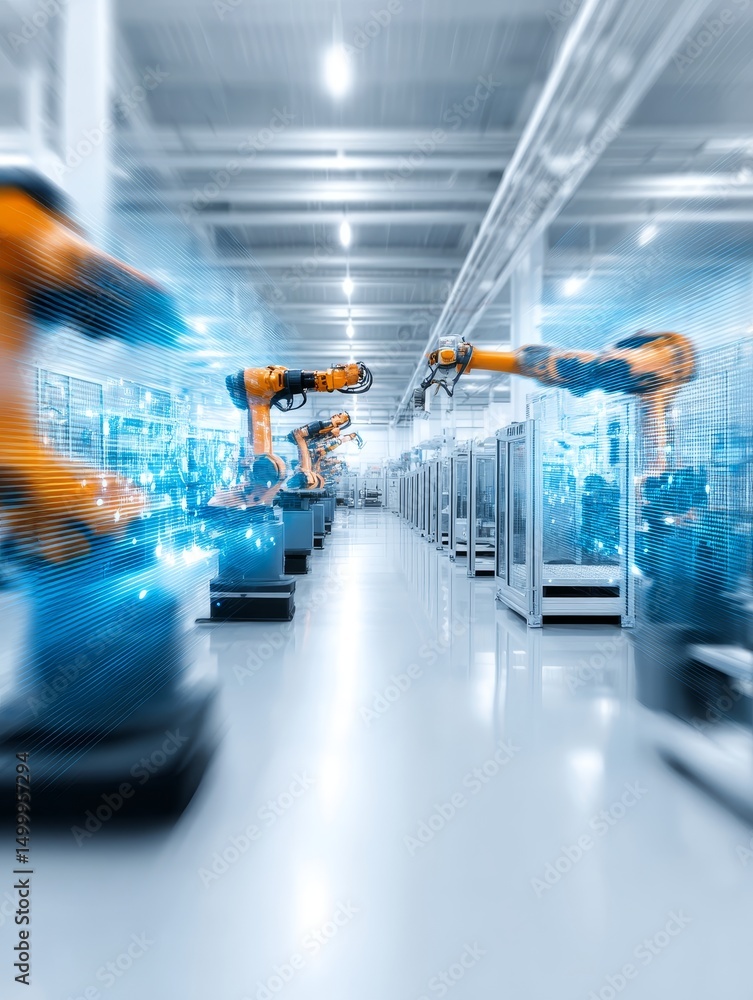 Poster automated factory robotics system - advanced robotic arms in a futuristic factory setting, symbolizi