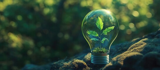 Small plant inside a clear lightbulb sits on a mossy rock in a lush green forest