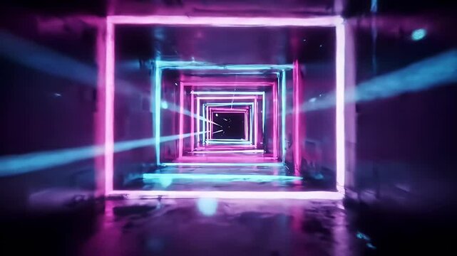 A highly stylized sci-fi video or camera moving smoothly through a futuristic neon laser light tunnel.
