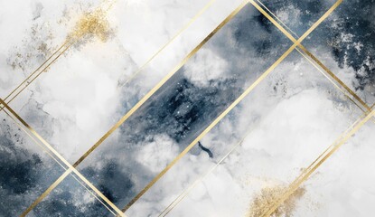 Abstract design with diagonal gold lines and marble-like textures in white and navy blue