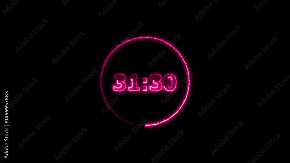 Aufkleber digital countdown timer neon bright magenta red color animation of 36 second on transparent on black