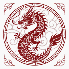 Red Chinese Dragon in Circular Frame with Clouds