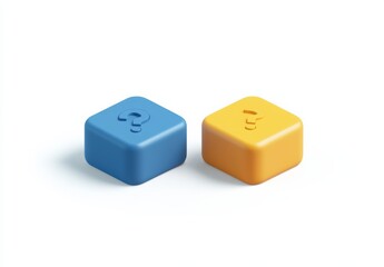 3D isometric icon of two speech bubbles with a question mark, one yellow and one blue