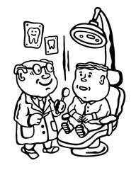 Black and white vector illustration of a dental treatment session in a dentist's office on a white isolated background.A guy in a dentist's chair.