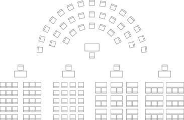 Seat plan for arranging seats with semicircle, classroom, auditorium, theater, lecture hall, meeting, conference, business event, map, scheme chairs, customizable stroke, vector, illustration