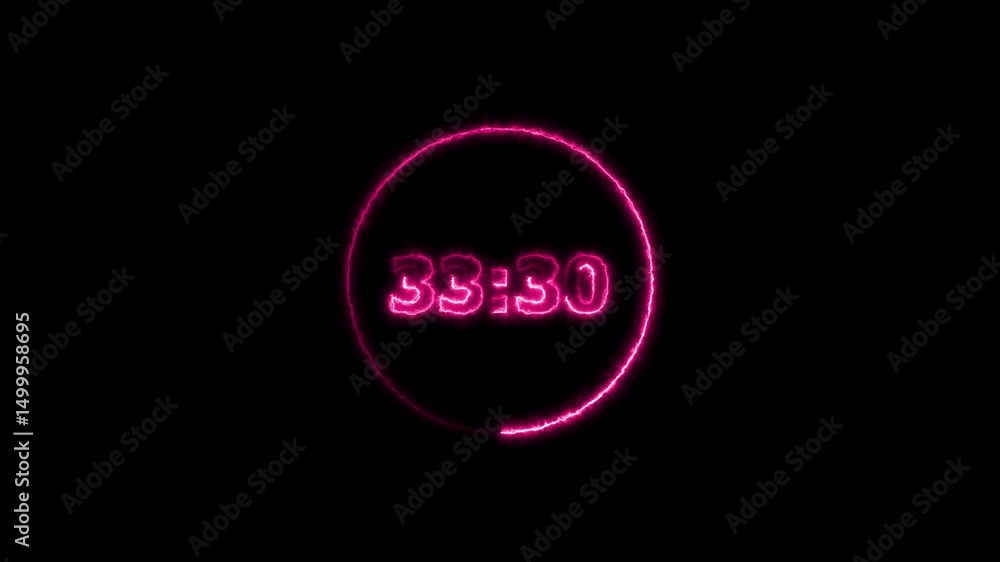 Poster digital countdown timer neon bright magenta red color animation of 38 second on transparent on black