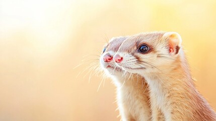 Fototapeta premium Close up of two cute ferrets looking up, bathed in warm sunlight. Perfect for pet, animal, and nature themes.