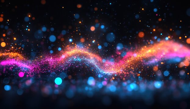 Abstract swirling ribbons of vibrant pink, orange, and blue particles on a dark background - Powered by Adobe