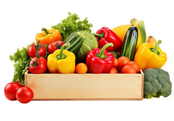 Fresh colorful vegetables in wooden crate isolated on a white background, Png Transparent Background