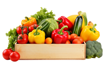 Fresh colorful vegetables in wooden crate isolated on a white background, Png Transparent Background