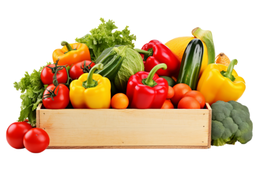 Fresh colorful vegetables in wooden crate isolated on a white background, Png Transparent Background