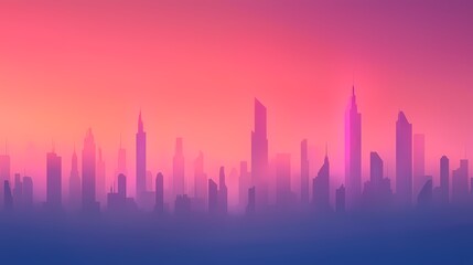 Futuristic City Skyline at Sunset, Hazy Pink and Purple Gradient, Modern Urban Landscape