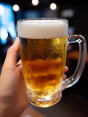 Cold Beer Mug in Hand - A hand holds a frosty mug of golden beer, symbolizing refreshment, relaxation, socializing, celebration, and enjoyment