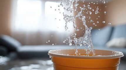Water dripping from ceiling into plastic bucket in living room, roof leak, indoor ceiling damage 