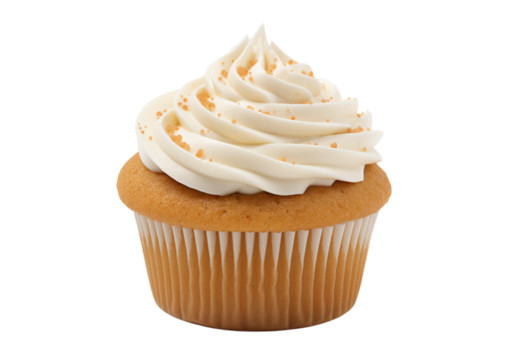 Delicious vanilla cupcake with swirled frosting isolated on a white background, Png Transparent Background