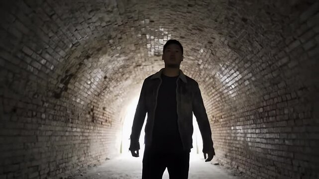 A realistic cinematic video of a person slowly walking through an old, abandoned brick arch tunnel.