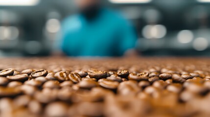 Close up of roasted coffee beans on a conveyor belt in a coffee processing plant.  Focus on the beans, with a blurred worker in the background.